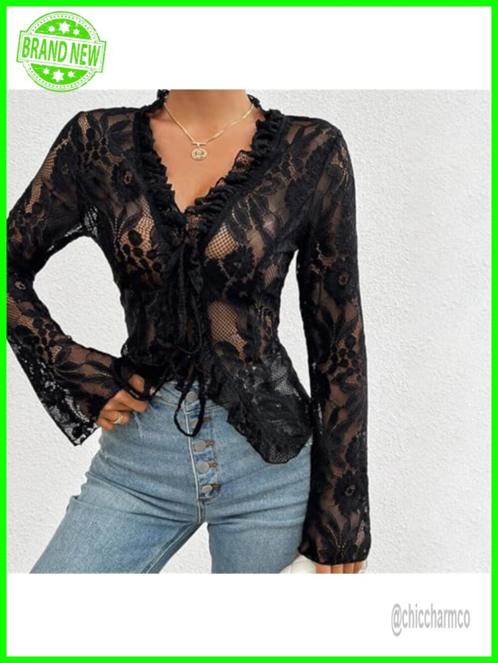 Y2K Sexy Open Front Tie Long Sleeve Ruffle Trim See Through Mesh Crop Top - Picture 5 of 6